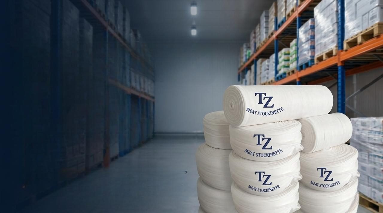 Meat stockinette rolls in a cold-storage warehouse